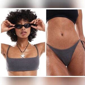 WEEKDAY Towelling Bryon Bikini Top And River Towel Bikini Bottom Dark Grey.S NWT